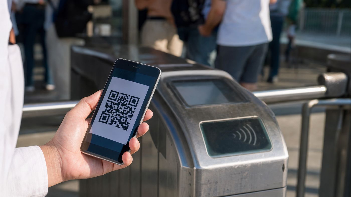 Smartphone with a QR code ticket in front of the security area at the Giza Plateau