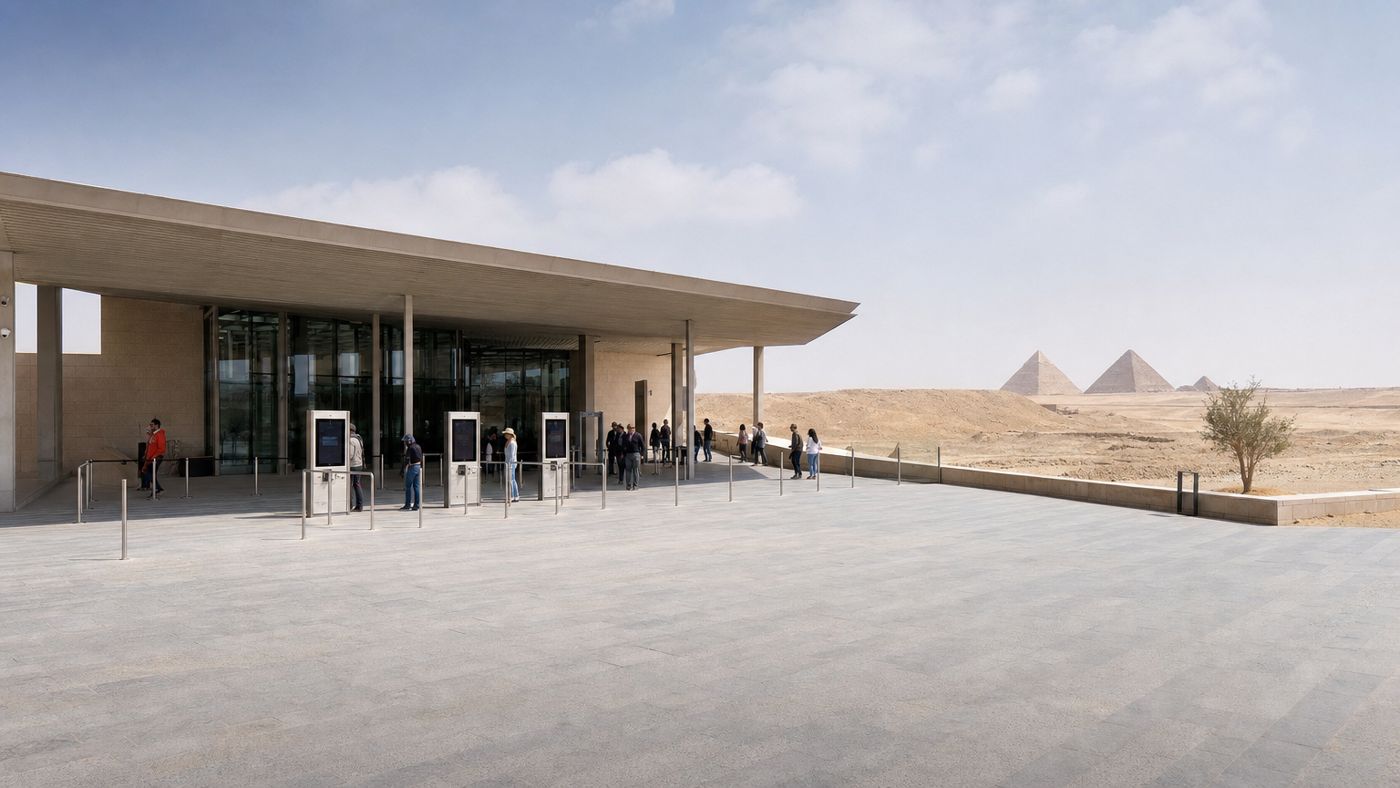 New visitor center at the edge of the Giza Plateau with forecourt and security area