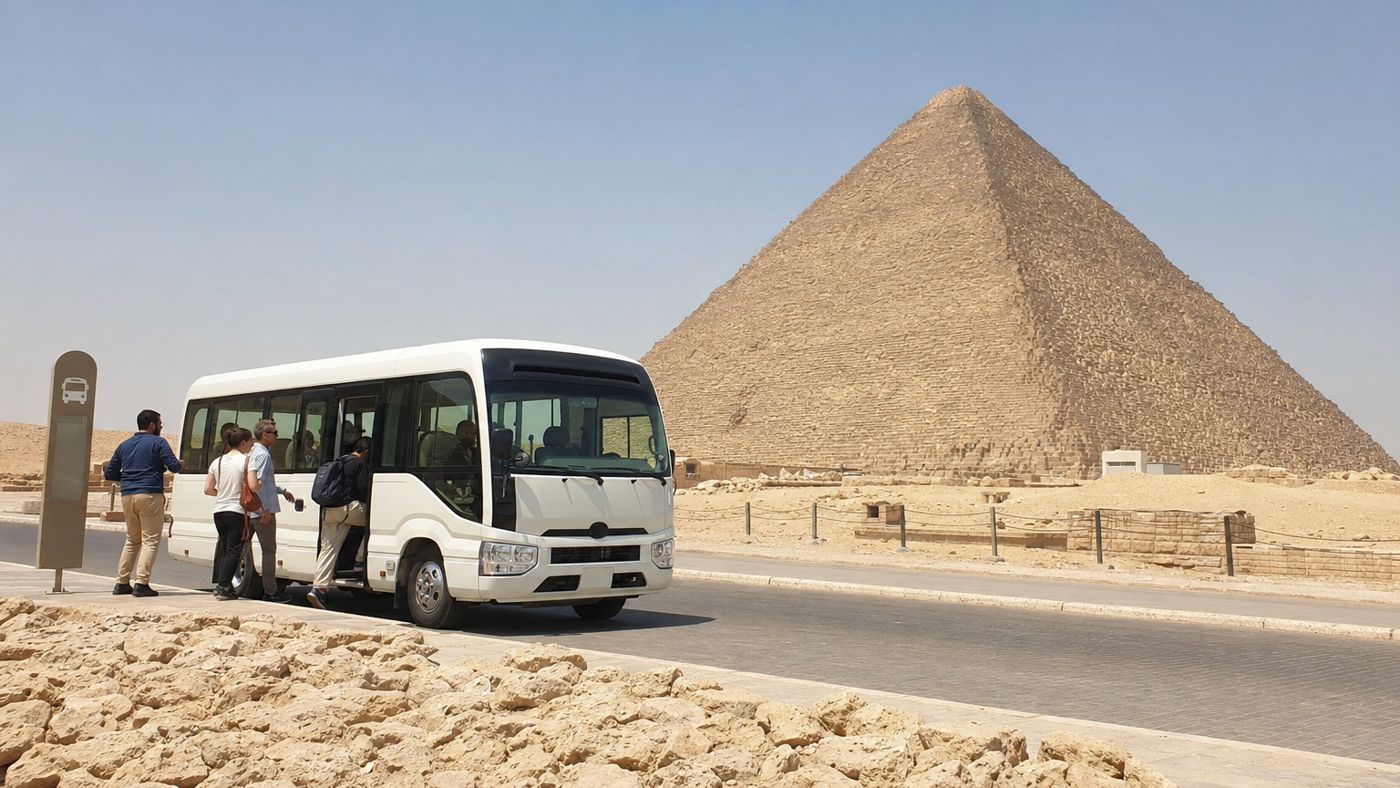 Electric shuttle bus at a stop on the site, with a pyramid behind it