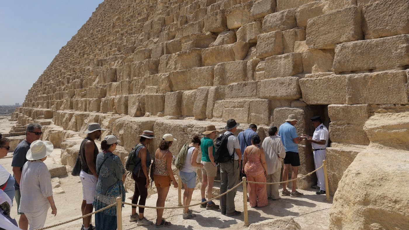 Queue in front of the entrance to the Great Pyramid of Khufu on the Giza Plateau