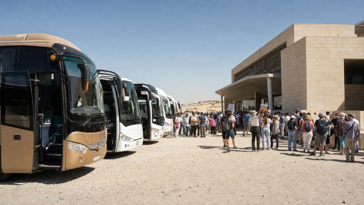 Autobuses turísticos en fila frente al centro de visitantes, con un grupo de personas esperando delante