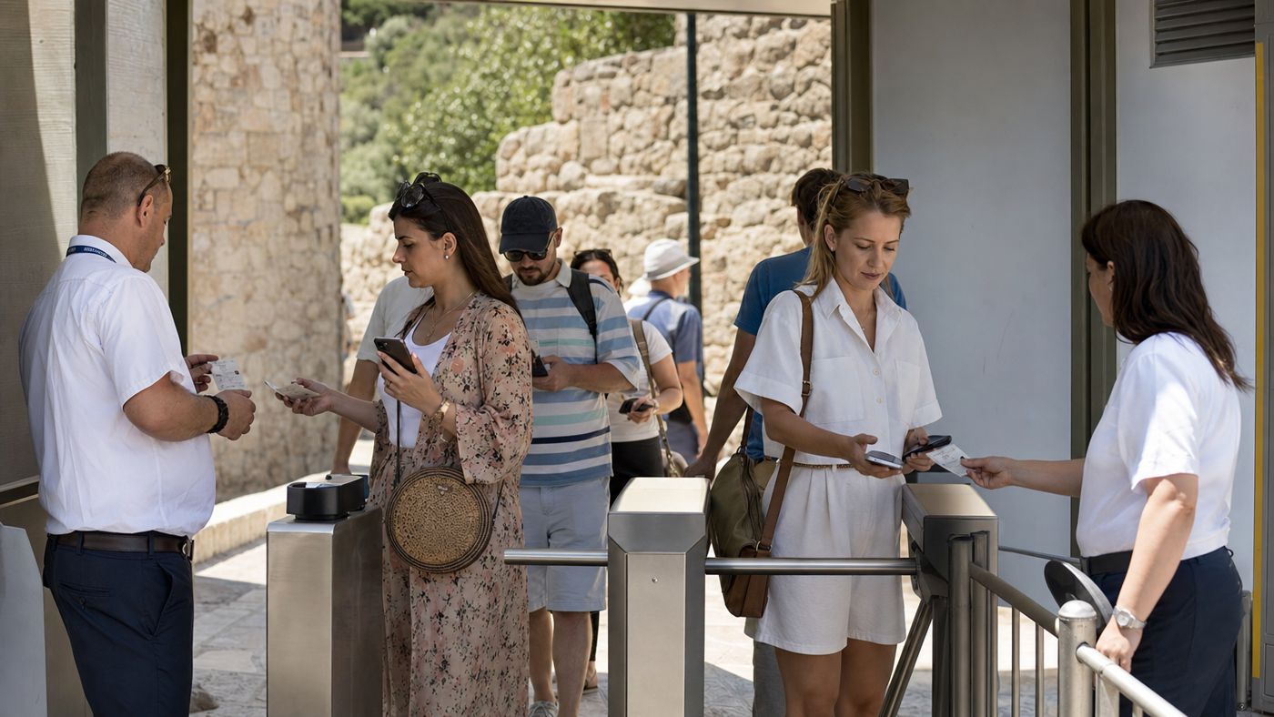 Checkpoint with turnstile at the entrance to the Giza Plateau, visitors holding tickets ready