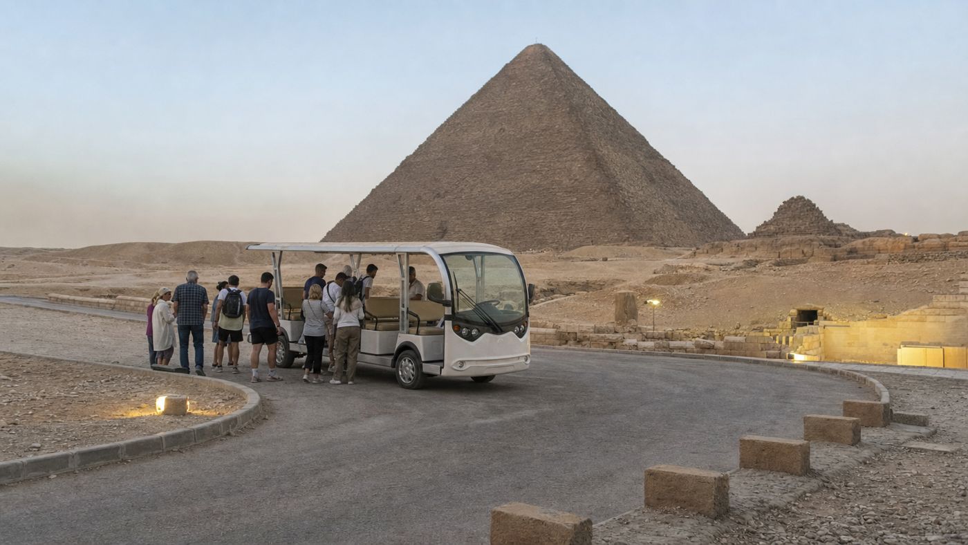 Elektrischer Zubringerbus auf dem Gizeh-Plateau vor einer Pyramide