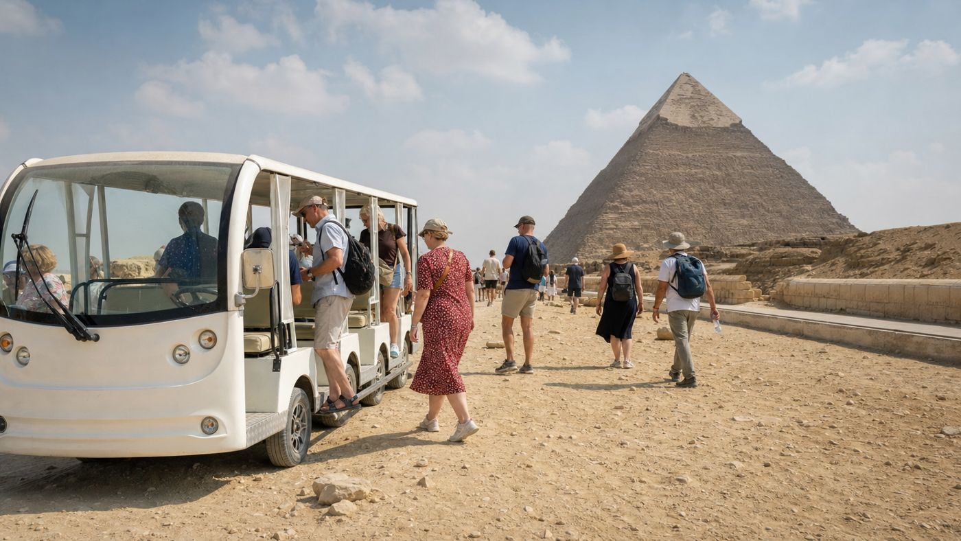Une navette électrique s'arrête à un point d'arrêt sur le plateau, des visiteurs descendent