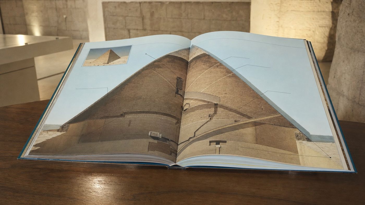 Libro infantil abierto con dibujo de sección de una pirámide