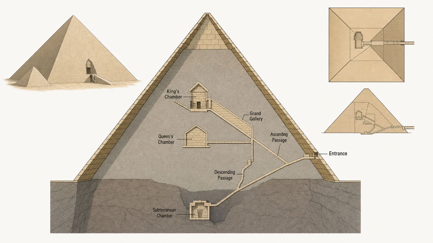 Grafic colorat din manual școlar al Marii Piramide a lui Keops cu camere etichetate