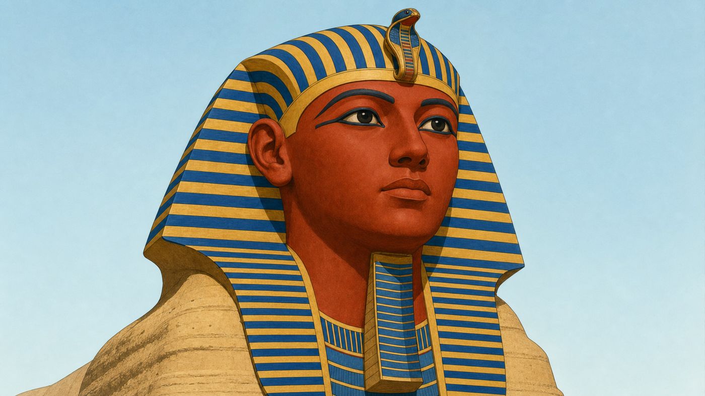 Reconstruction du Sphinx coloré avec un visage rouge