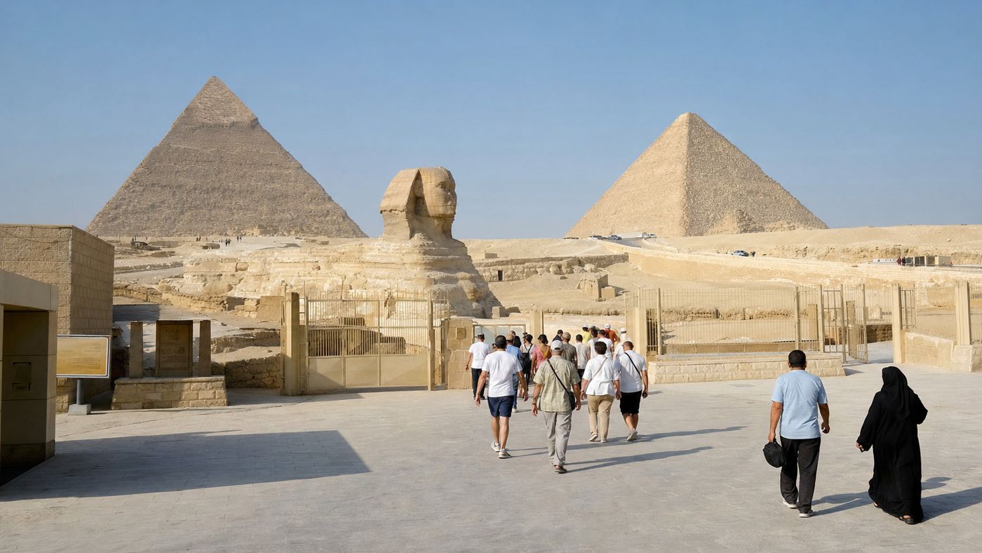 Arriving visitors at the new main entrance of the Giza Plateau