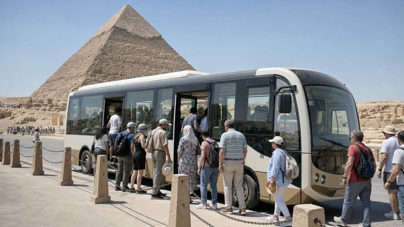 Navetta elettrica sull'altopiano di Giza davanti a una piramide