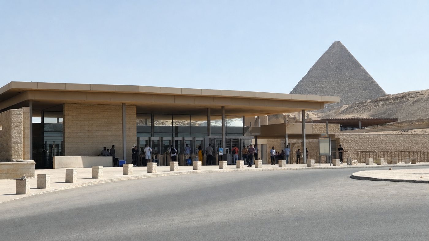 The new visitor center at the southwestern main entrance of the Giza Plateau