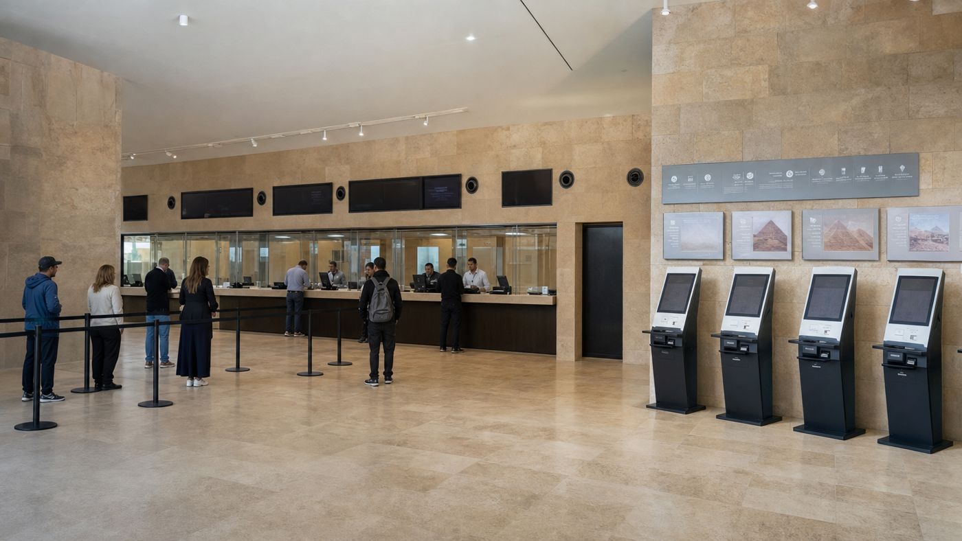 Ticket counters and machines in the visitor center at the main entrance