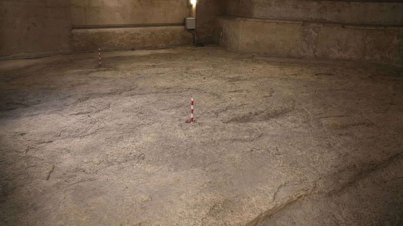Suelo rugoso de la cámara de roca, profunda bajo el edificio