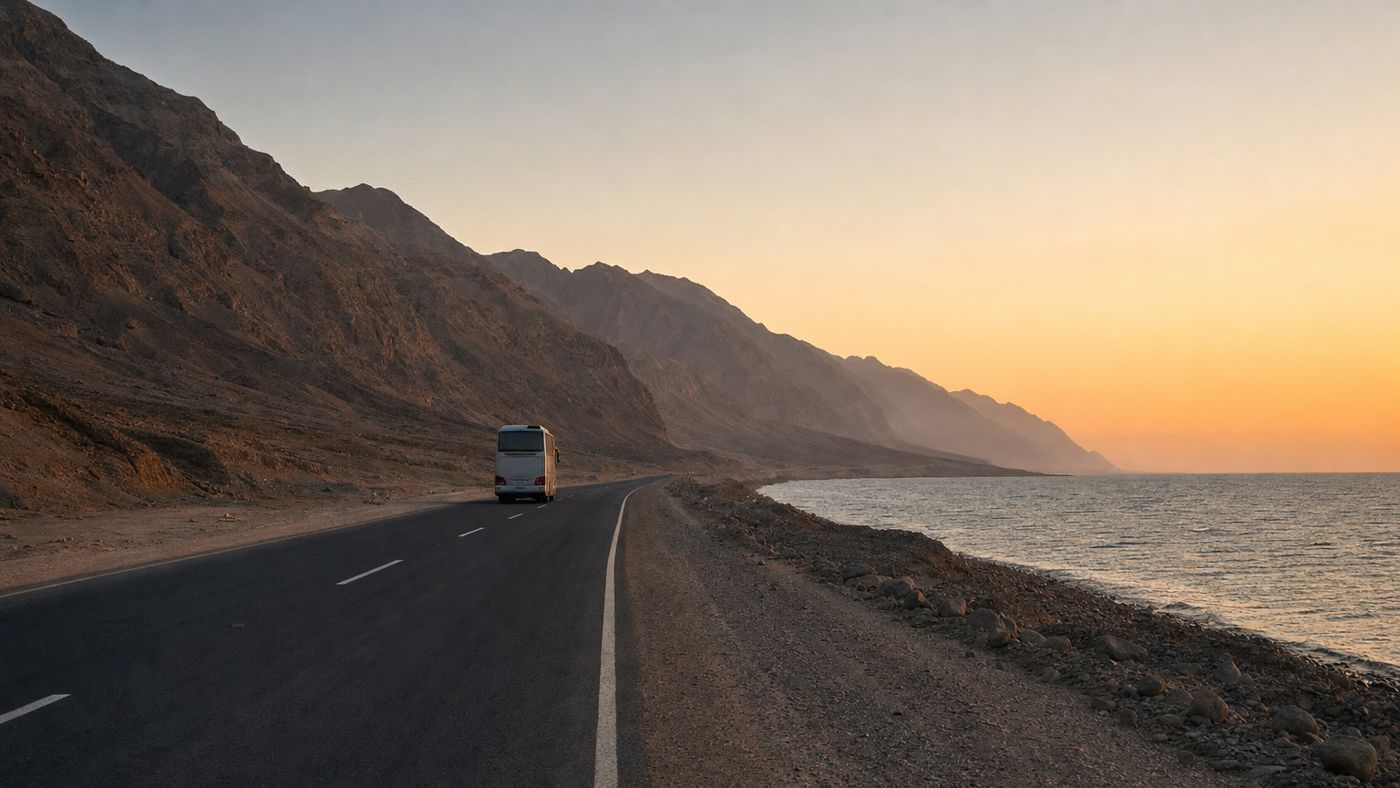Strada costiera sul Golfo di Suez con montagne desertiche da un lato e acqua dall'altro