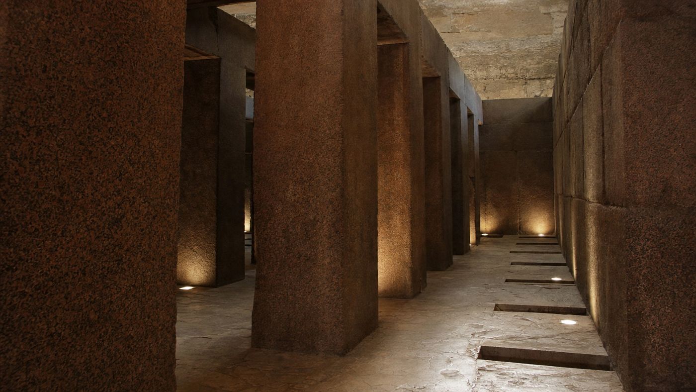 Salão no Templo do Vale com altos pilares de granito polido e piso de alabastro