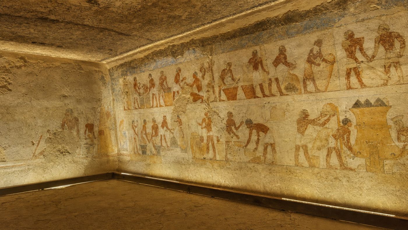 Painted wall in an accessible rock tomb on the Giza plateau