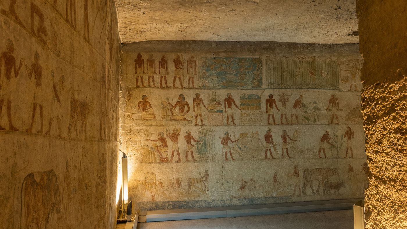 Painted wall in the rock tomb of an Old Kingdom queen with scenes of daily life