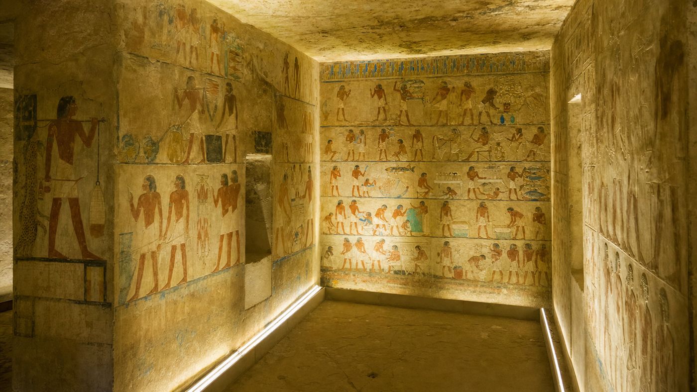 Beschilderde muur in het graf van Meresanch III. met scènes uit het dagelijks leven in felle kleuren