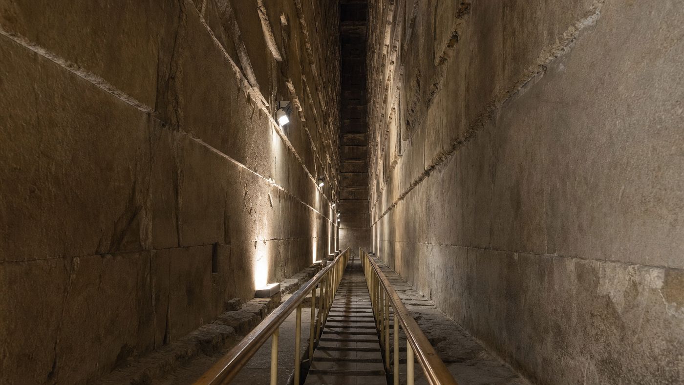 View up the Great Gallery in the Great Pyramid of Khufu, walls in corbelling technique
