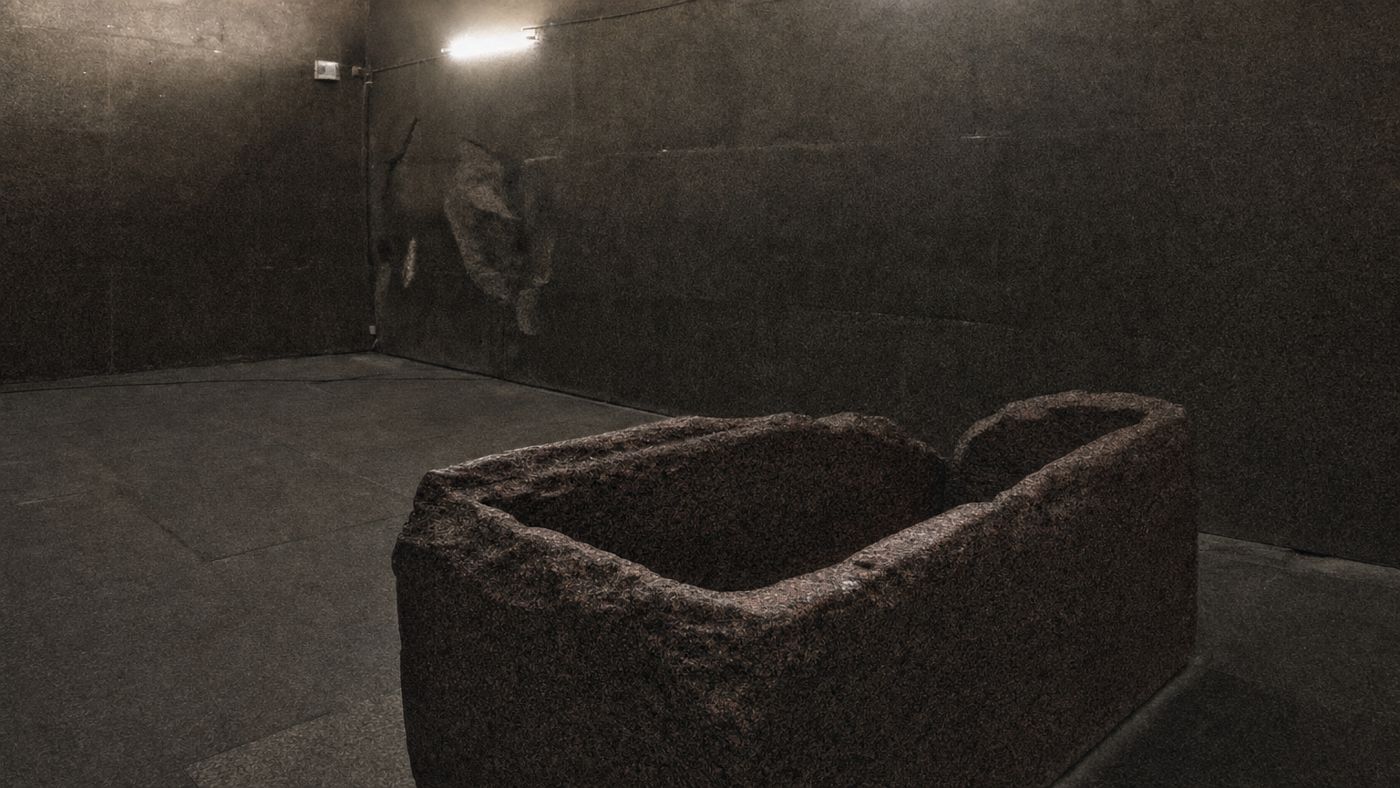 The empty granite sarcophagus in the King's Chamber of the Great Pyramid of Khufu