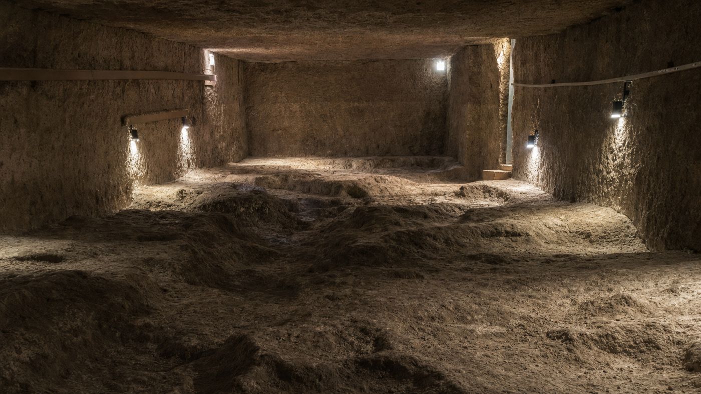 Der unregelmäßige Boden der Felsenkammer unter der Cheops-Pyramide