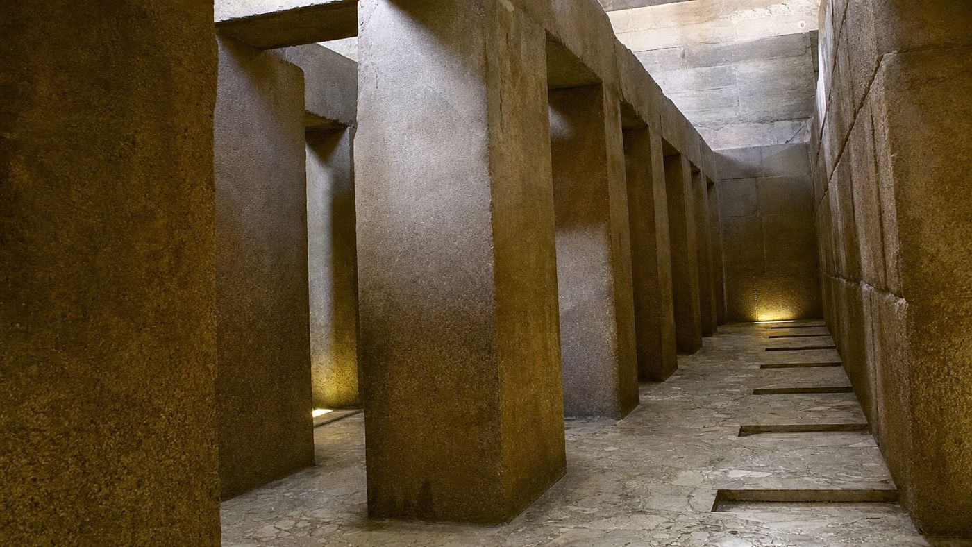 The valley temple of Khafre with its granite pillars from inside