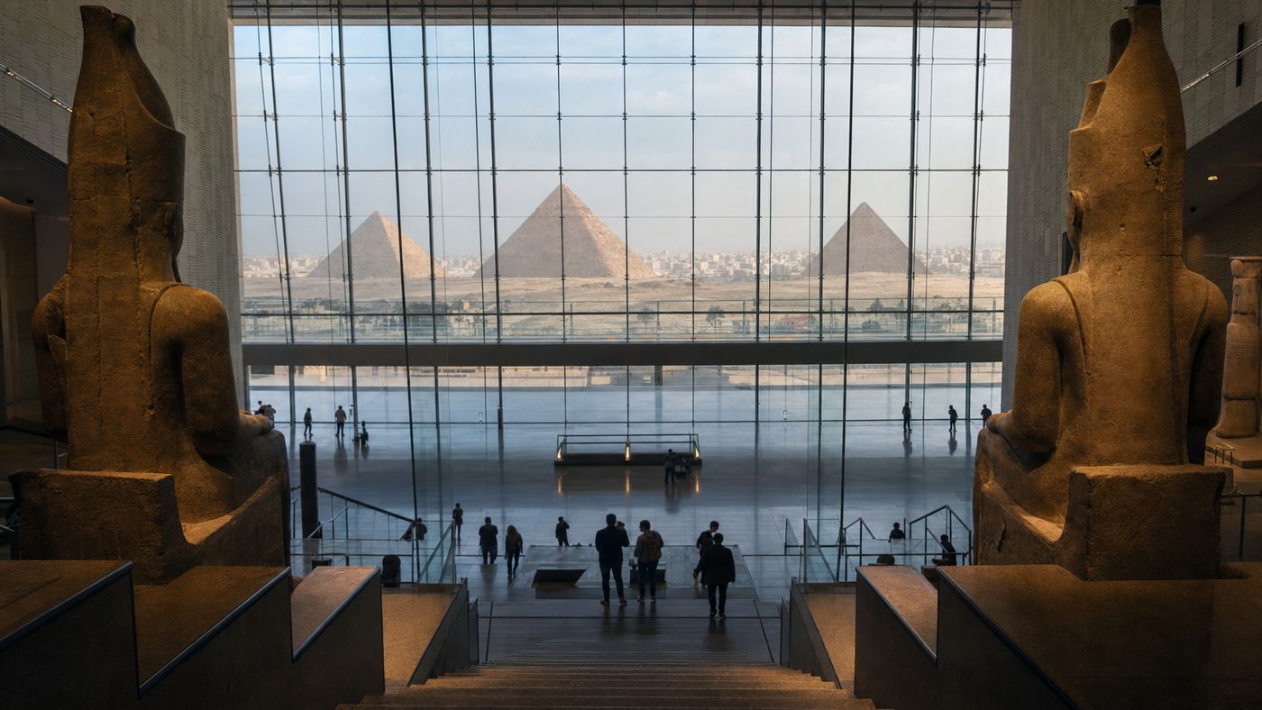 Vista attraverso una parete di vetro a tutta altezza in cima a una scala del museo sulle tre piramidi