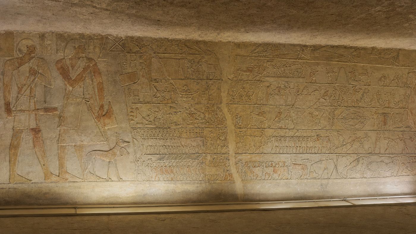 Beschilderde muur van een mastaba-grafkamer met rijen figuren