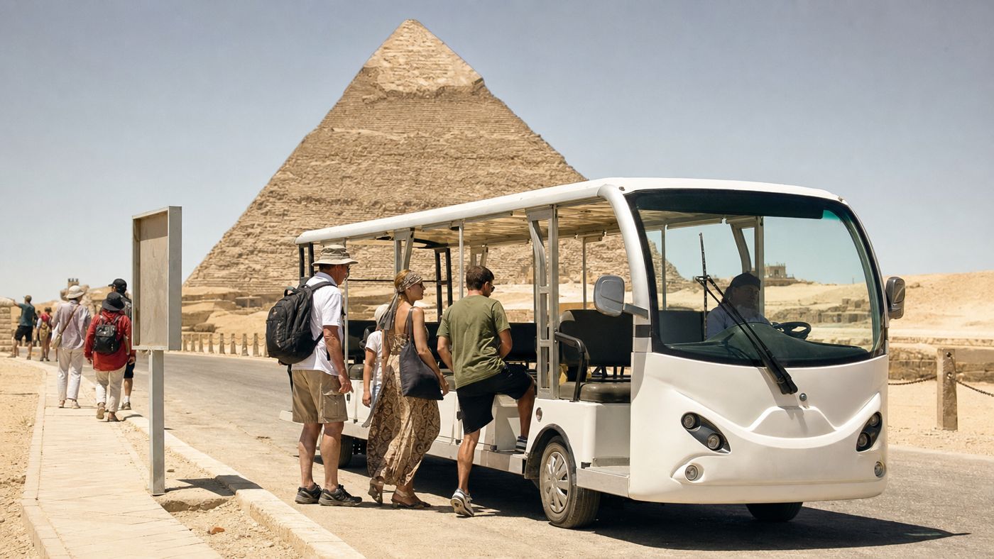 Electric shuttle bus at a stop on the Giza Plateau