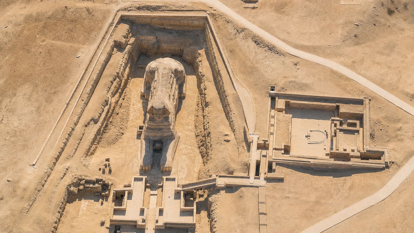 Vue aérienne verticale du Sphinx, du temple et de la fosse