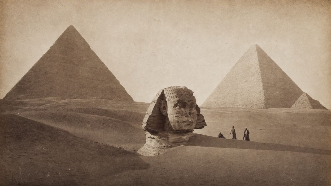 Historical photograph of the Sphinx, buried up to the shoulders in sand
