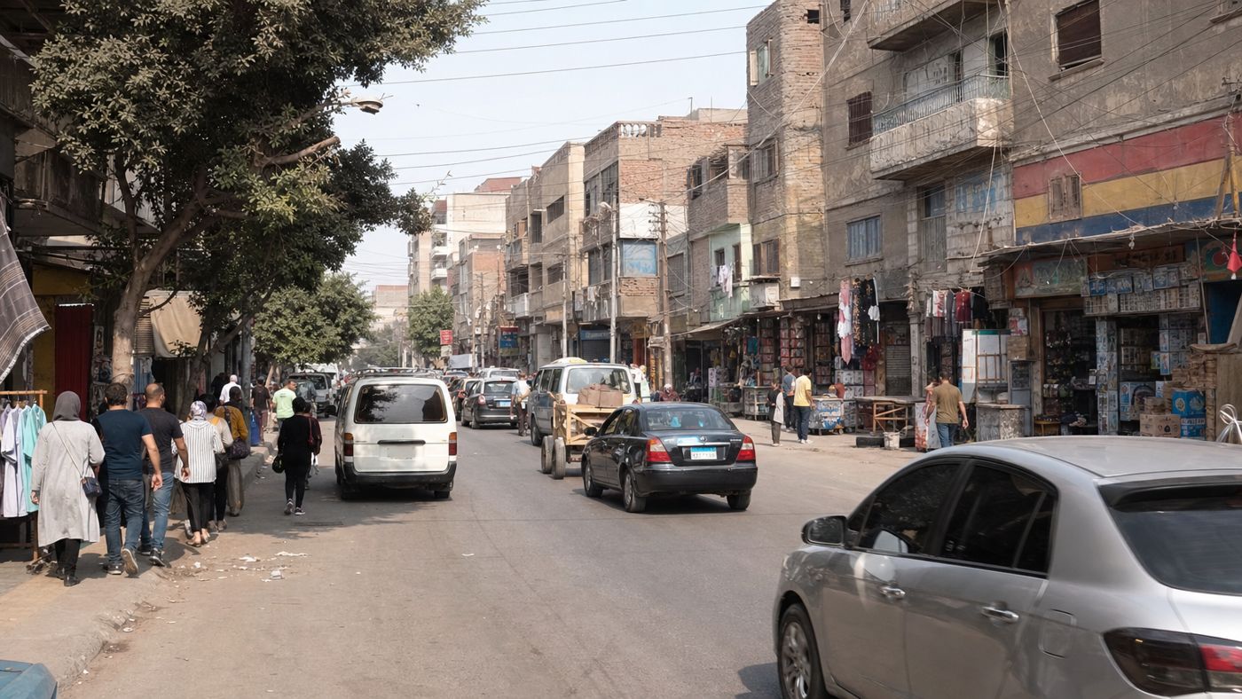 Street scene in Giza with traffic and shops