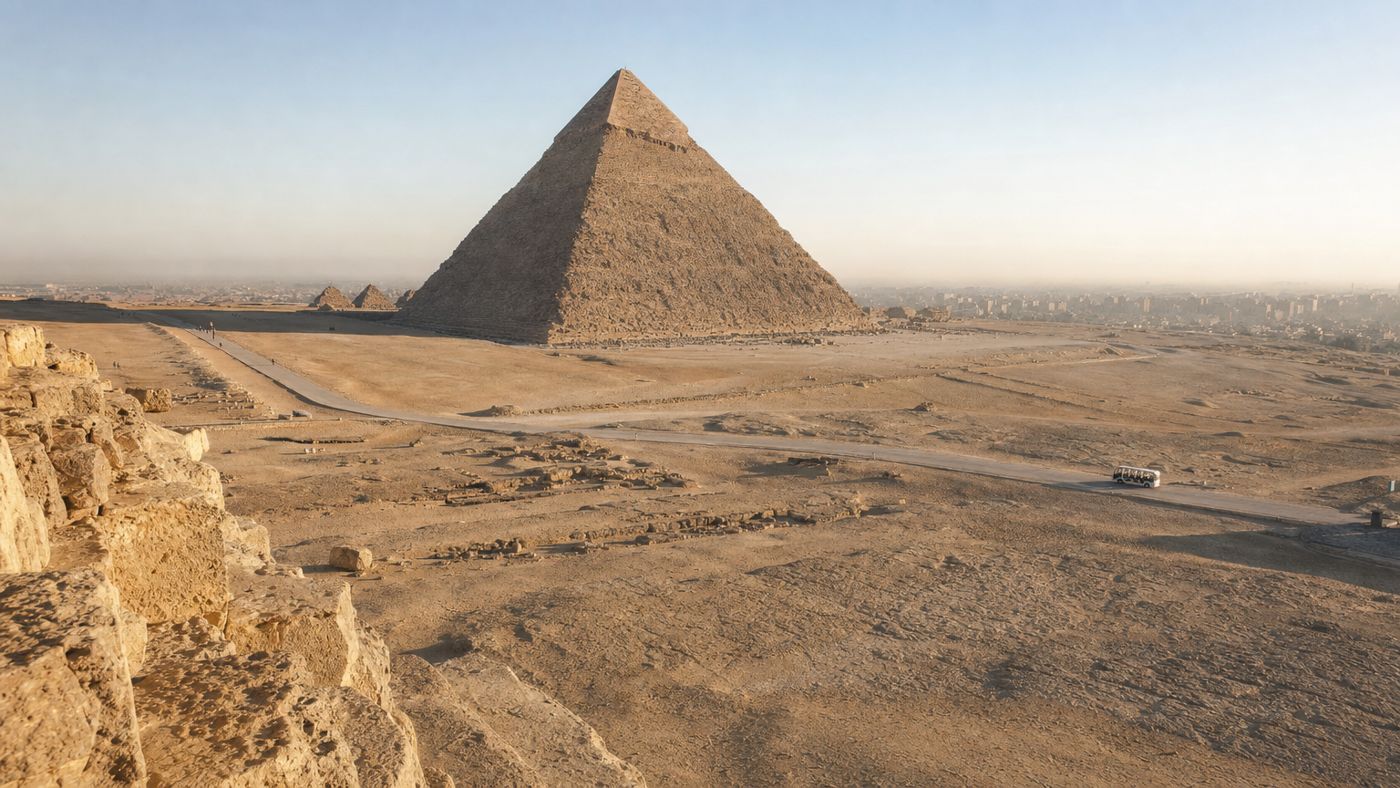 Fast menschenleeres Gelände im flachen Morgenlicht, lange Schatten vor einer Pyramide