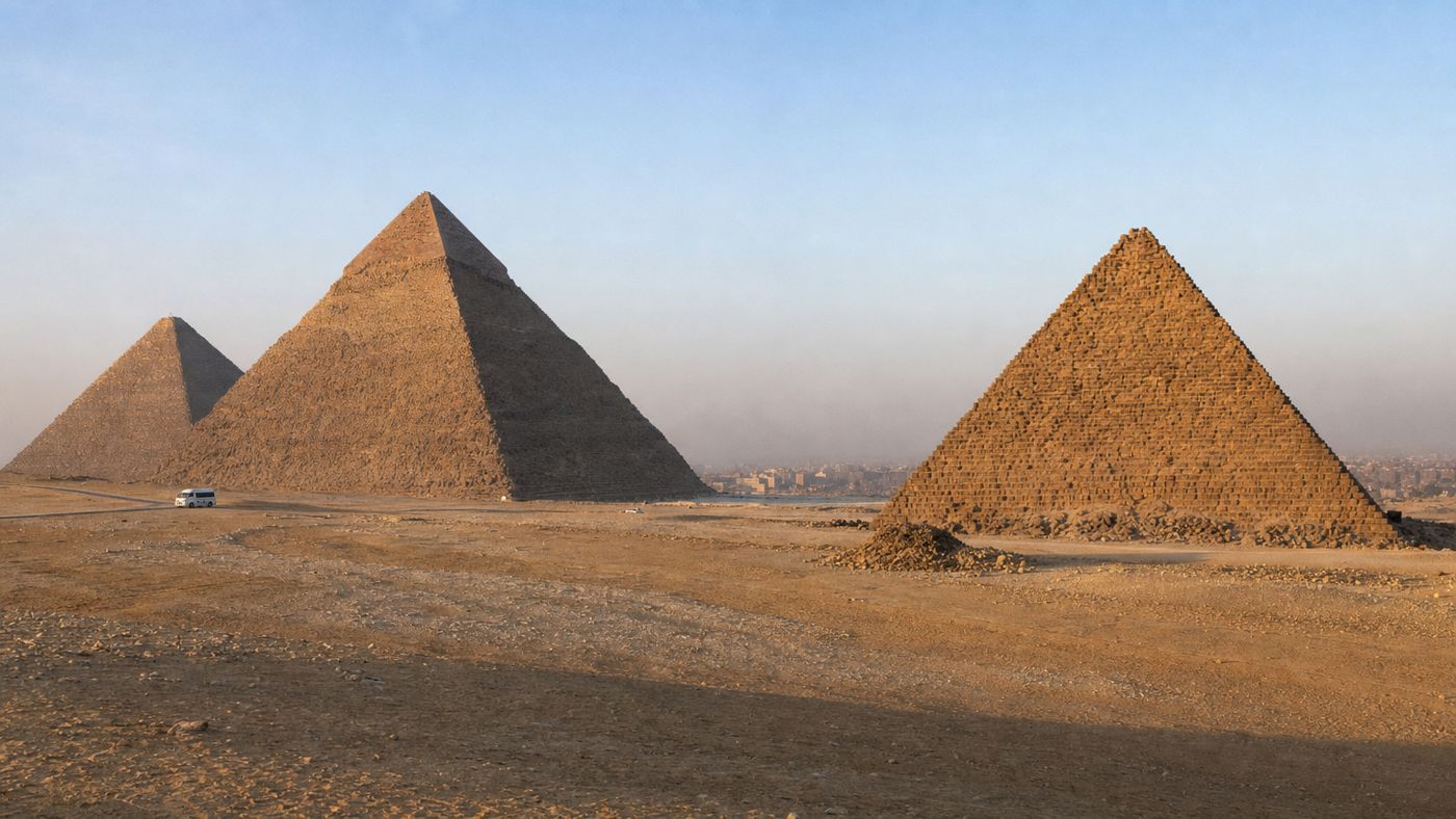 Pyramids in the warm light of early morning, taken from the east