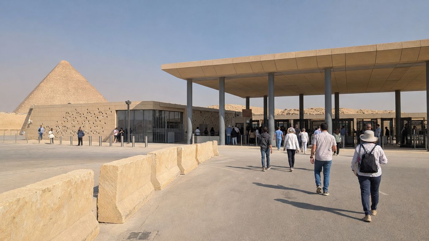 Besucherzentrum am neuen Haupttor mit Kassenhäuschen und Schranke, dahinter das offene Gelände