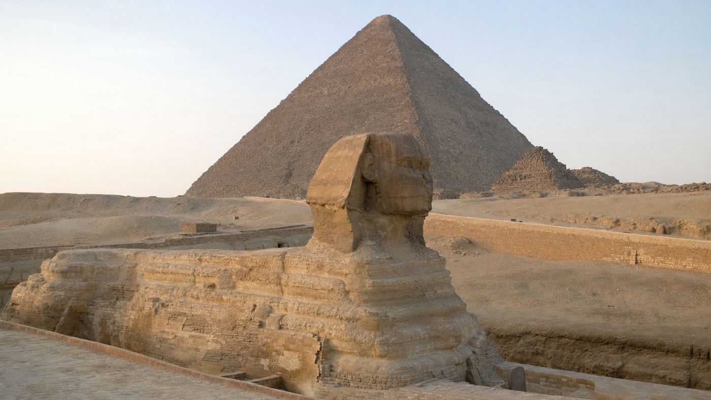 The Sphinx in the foreground, behind it the Pyramid of Khafre