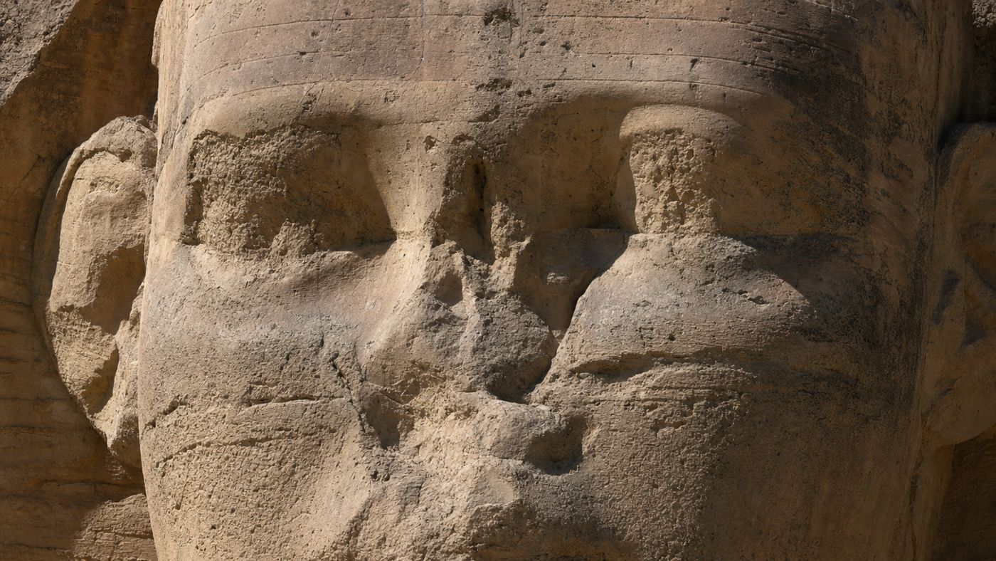 Das Gesicht des Sphinx mit der Bruchfläche an der Nase aus der Nähe