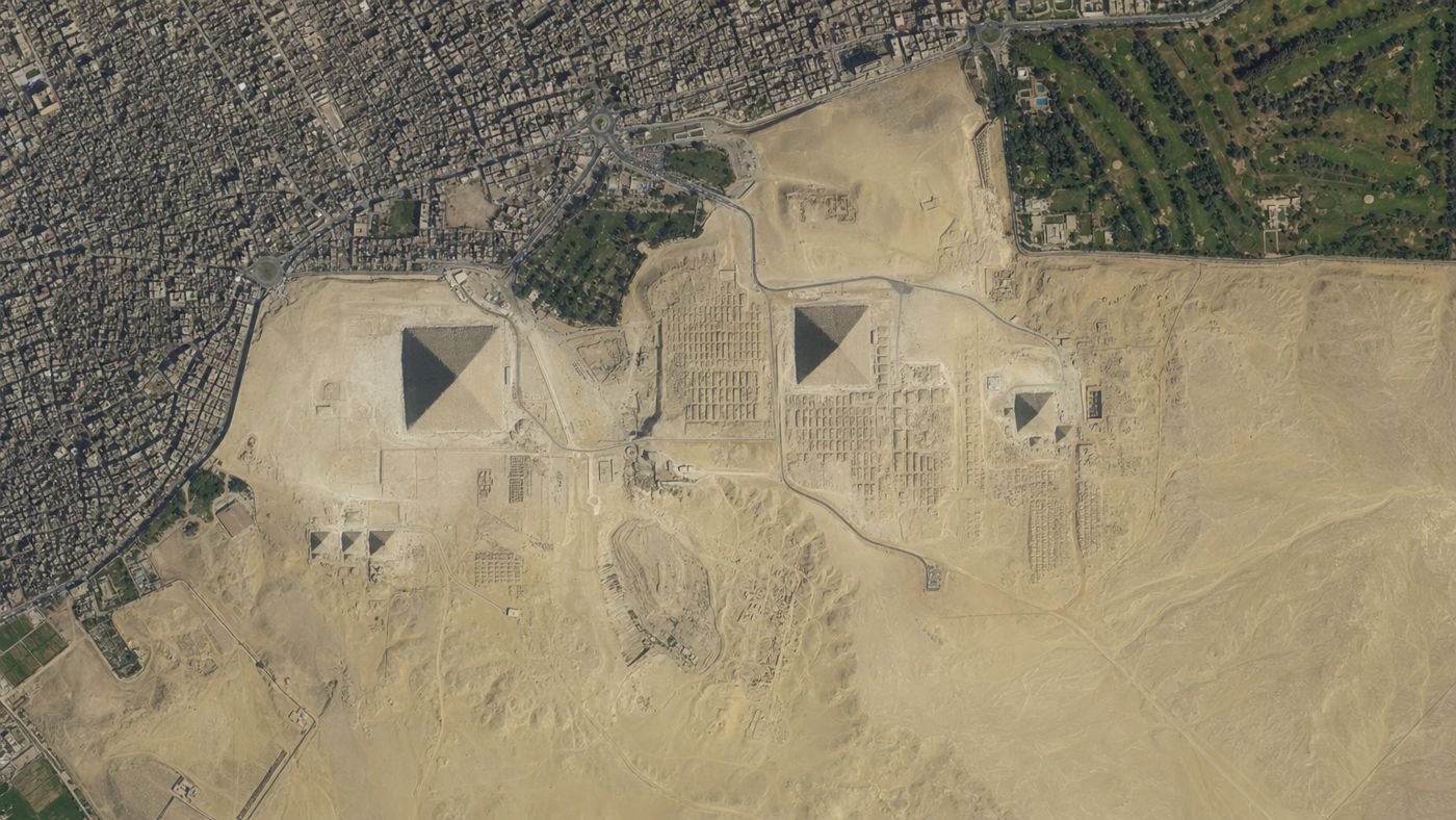 Vertical satellite view of the Giza plateau with the three pyramids