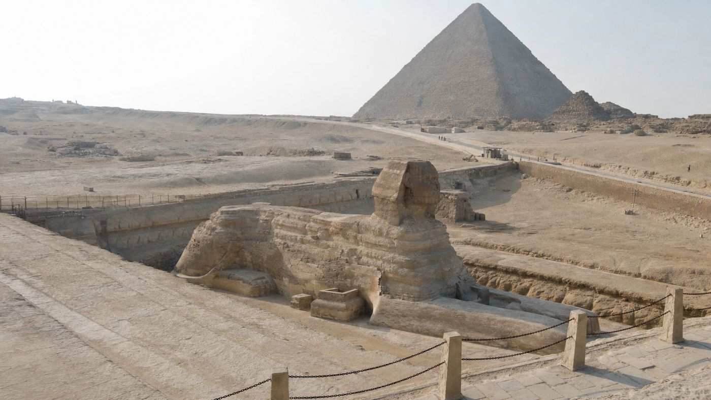 View from the elevated terrace onto the Sphinx, with a pyramid behind