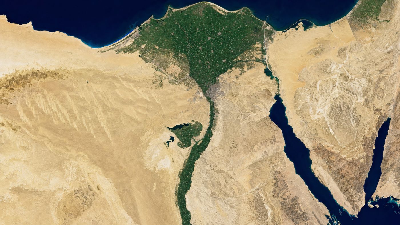 Low-resolution satellite image of the region with the Nile and desert edge