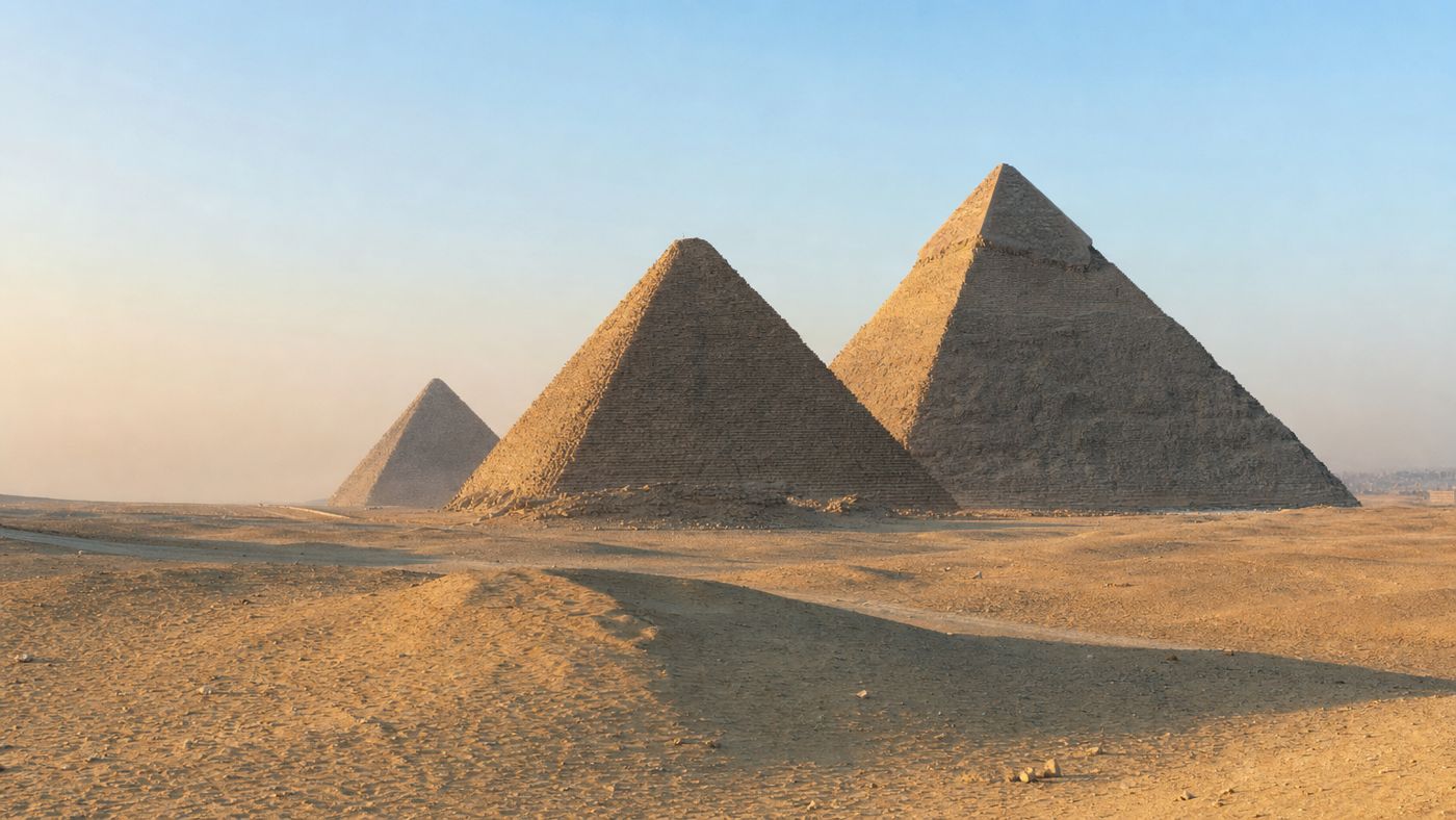 All three pyramids of Giza diagonally staggered in the desert