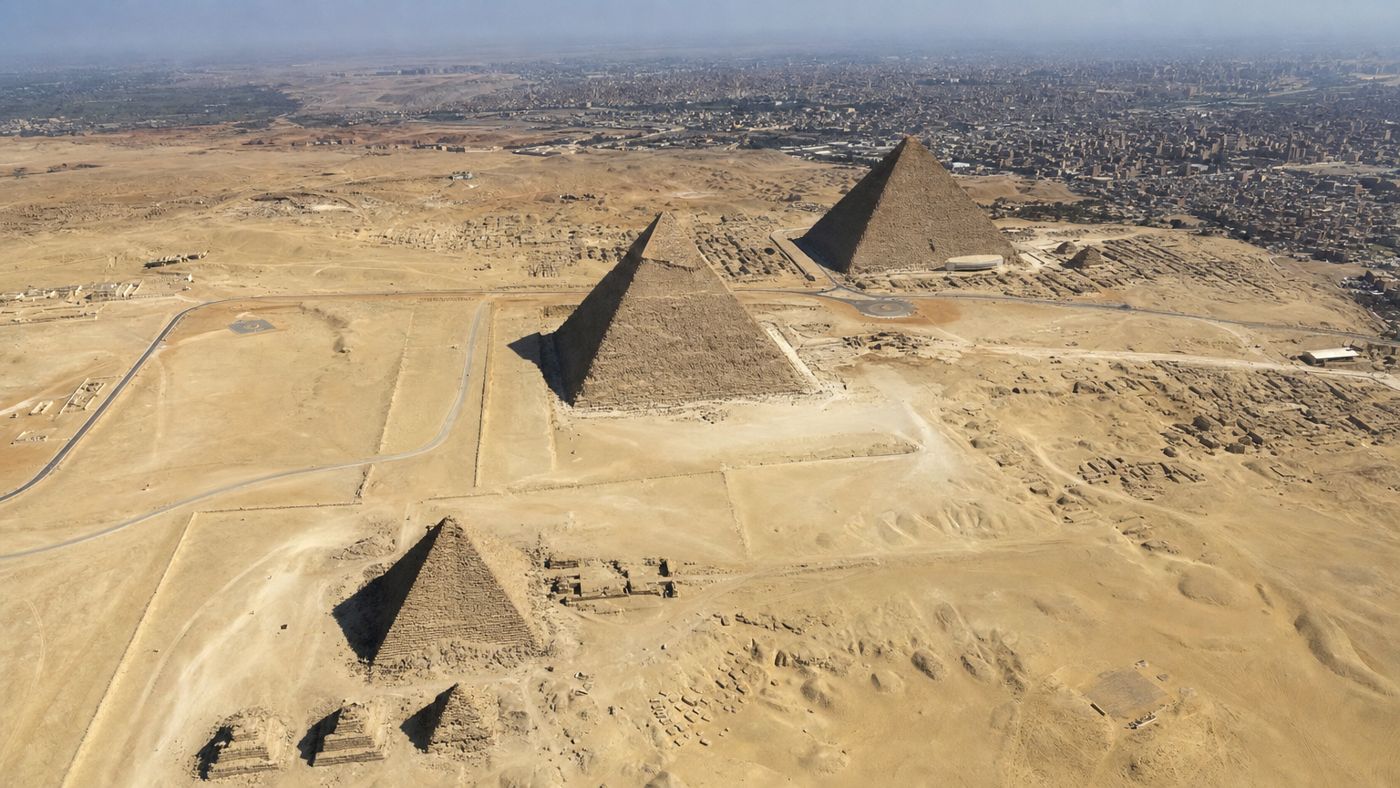 View from the viewpoint over the site with the three pyramids and the paths between them