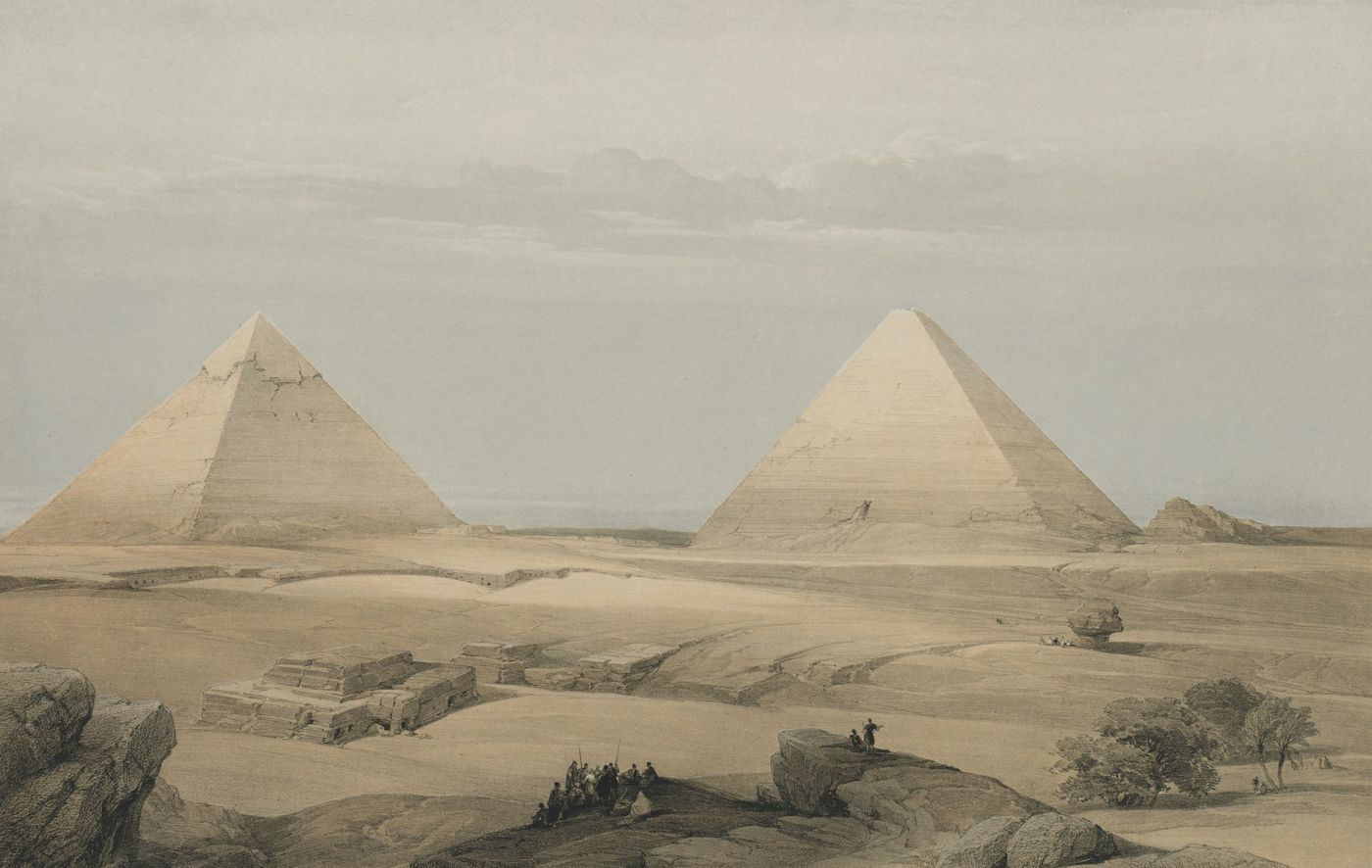 Overview of the Giza Plateau with the three large pyramids and smaller secondary structures