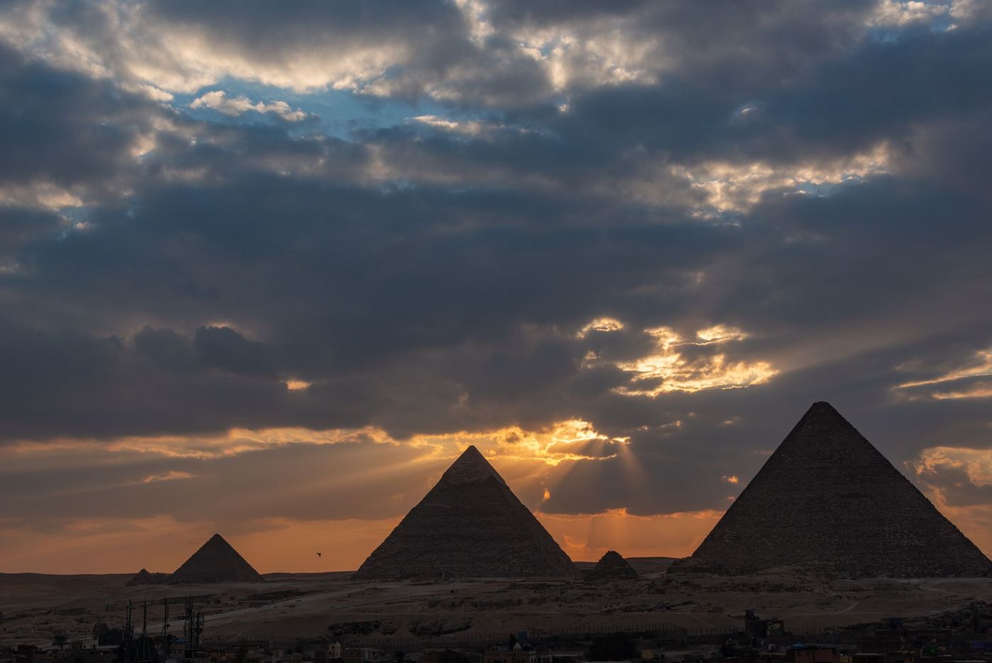 The three pyramids of Giza in the evening light, seen from the southwest