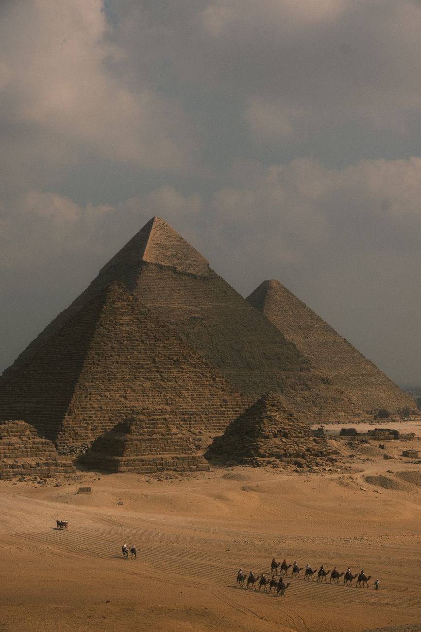 The three pyramids of Giza in an oblique view, the third one clearly offset